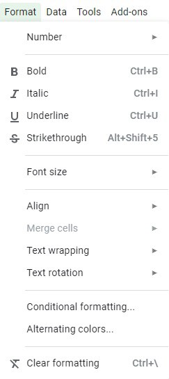 An image of the format menu, to demonstrate how to clear formatting in Google Sheets (For removing color)