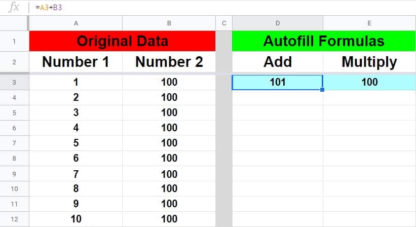 An example of how to repeat a formula in Google Sheets- Example using both addition and multiplication- Part 1 before dragging the fill handle down