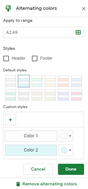 An image of the alternating colors options, to demonstrate how to alternate row colors in Google Sheets