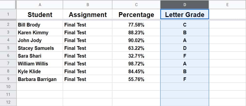 An example of how to select an entire column before changing column color in Google Sheets