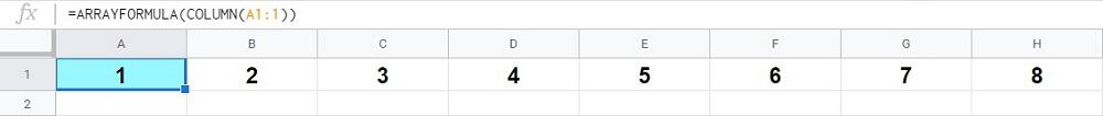 An example showing how to use the Google Sheets COLUMN function with the ARRAYFORMULA function to create a horizontal list of numbers with a single formula