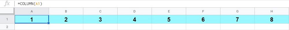 An example showing how to use the Google Sheets COLUMN function with "fill right" to create a horizontal numbered list where a formula is in each cell