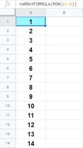 An example of how to use the Google Sheets ROW function with the ARRAYFORMULA function to create a list of numbers with a single formula
