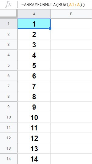 An example of how to use the Google Sheets ROW function with the ARRAYFORMULA function to create a list of numbers with a single formula
