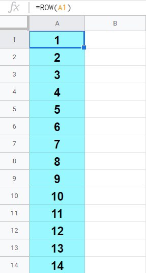 An example of how to use the Google Sheets ROW function with "fill down" to create a numbered list where a formula is in each cell