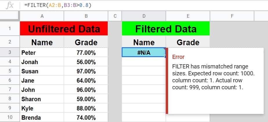 A Google Sheets "FILTER has mismatched range sizes" example- Filtering student names and grades- The formula displaying an error message before correcting the mismatched rows
