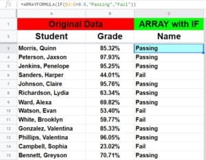 An example that shows how to extend a formula in Google Sheets by using the ARRAYFORMULA function with the IF function