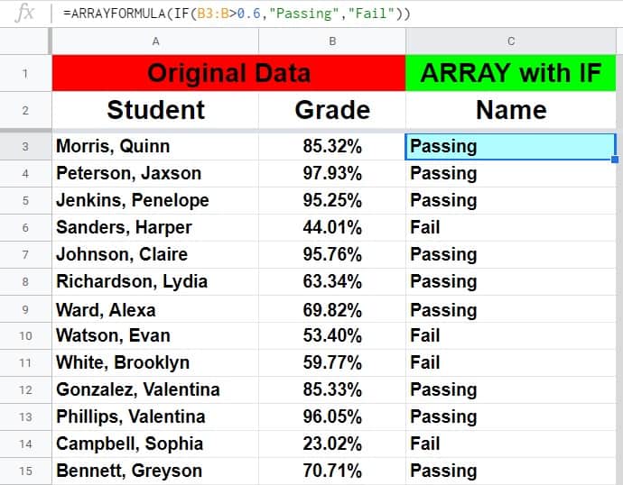 An example that shows how to extend a formula in Google Sheets by using the ARRAYFORMULA function with the IF function | Content originally written by SpreadsheetClass.com