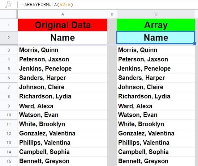 An example of how to refer to a column with the Google Sheets ARRAYFORMULA function