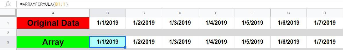 An example of how to refer to a row with the Google Sheets ARRAYFORMULA function