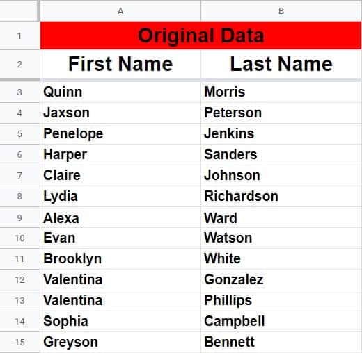 An example of how to pull data from another sheet with the ARRAYFORMULA function- Source data (List of first and last names)
