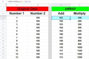 An example that shows how to sum or multiply multiple columns in Google Sheets by using the ARRAYFORMULA function with addition and multiplication
