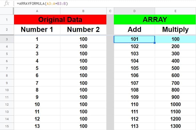 An example that shows how to sum or multiply multiple columns in Google Sheets by using the ARRAYFORMULA function with addition and multiplication
