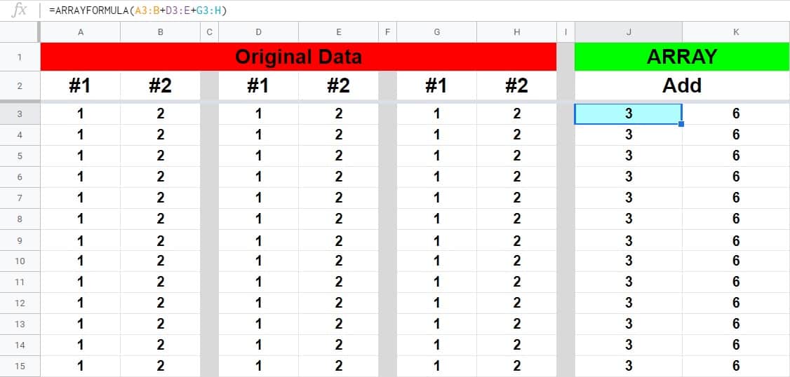An example of how to sum tables in Google Sheets with the ARRAYFORMULA function