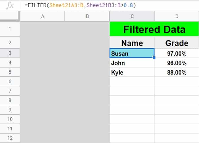 An example showing how the "mismatched range sizes" error can occur when filtering from another sheet in Google Sheets- The fixed formula after correcting the sheet name reference