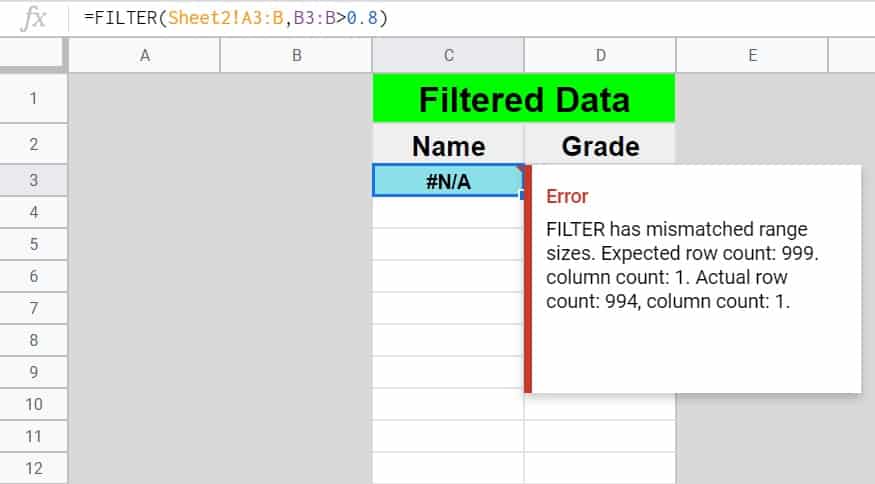 An example showing how the "mismatched range sizes" error can occur when filtering from another sheet in Google Sheets- The formula displaying an error message before correcting the sheet name reference