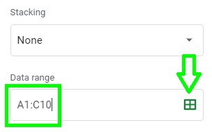 An example that shows how to select the data range for a chart or graph by using the "Data range" field in the Google Sheets chart editor