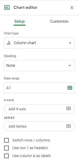 The Google Sheets chart editor- Under the "Setup" tab