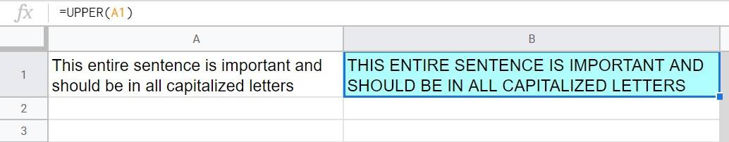 A simple example of capitalizing every letter in a sentence with the UPPER function in Google Sheets. All caps letters to show the importance of a message