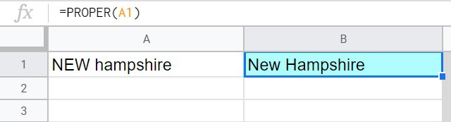 A simple example of capitalizing the first letters of a state with the PROPER function in Google Sheets- The word New Hampshire being capitalized