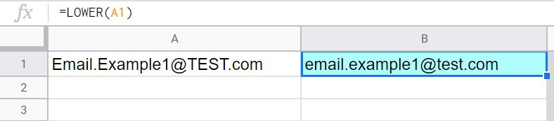 A simple example that demonstrates changing text to lowercase with the LOWER function in Google Sheets- An email address being changed to all lowercase letters