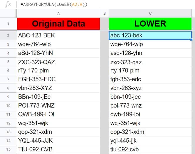 An example that shows how to make a column of text lowercase in Google Sheets- Changing a column of item codes to lowercase text with the ARRAYFORMULA function and the LOWER function