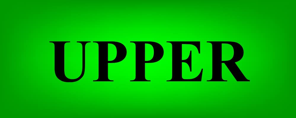 The word "UPPER" on a glowing green background- How to change all letters to uppercase with the UPPER function in Google Sheets