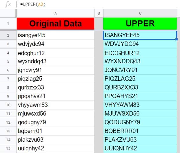 An example showing how to change all letters to uppercase for an entire column in Google Sheets- Changing a column of product codes to all uppercase letters by copying down the UPPER function