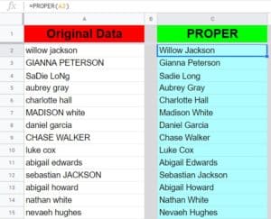An example showing how to capitalize every word with PROPER in Google Sheets- A list of names being capitalized, with the PROPER function copied down the column