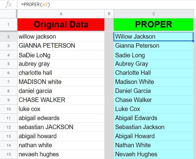 An example showing how to capitalize every word with PROPER in Google Sheets- A list of names being capitalized, with the PROPER function copied down the column