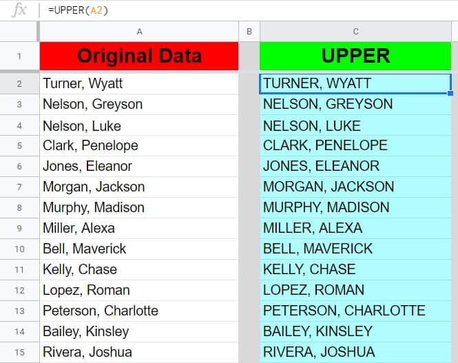 An example of how to capitalize text with UPPER in Google Sheets- A list of names being changed to all capital letters