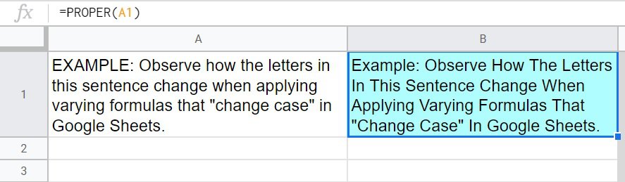 An example that shows how to capitalize the first letter of each word in Google Sheets by using the PROPER function- All the words in a sentence being capitalized