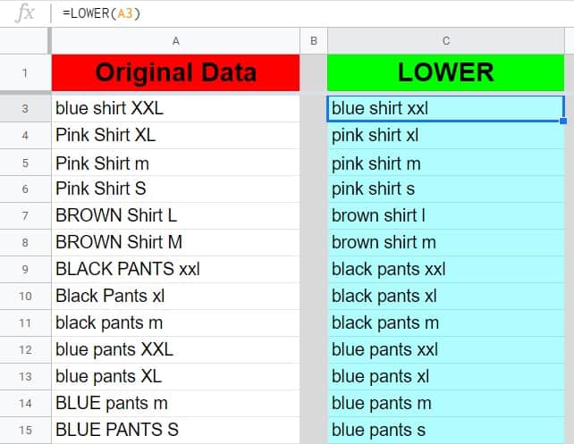 An example that demonstrates how to change a whole column to lowercase letters in Google Sheets by copying down the LOWER function- A list of clothing inventory items that are being changed into lowercase text