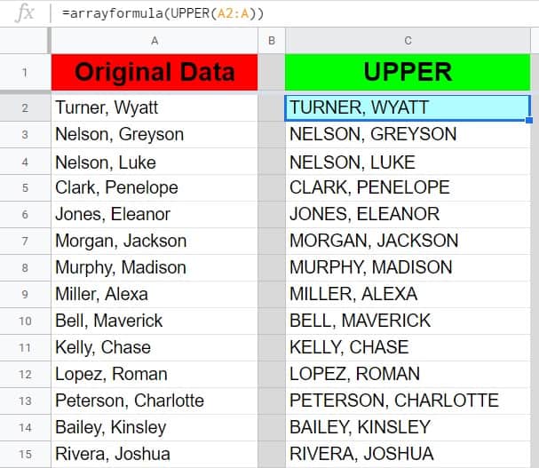 An example that demonstrates how to change the case of text for an entire column in Google Sheets by using the ARRAYFORMULA function with the UPPER function