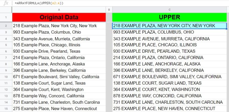 How to capitalize all letters in Google Sheets with the UPPER function