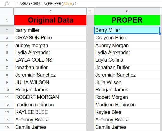 An example that teaches how to make the first letter of words uppercase in an entire column by using the ARRAYFORMULA function and the PROPER function in Google Sheets