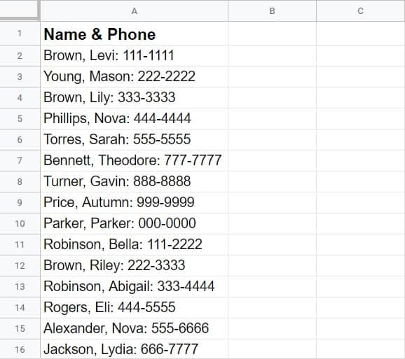 Part 2 of the example that shows how to automatically fit cell width to text in Google Sheets- A list of names and phone numbers in column A, after the column was adjusted (Simple Example)
