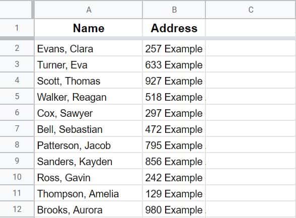 An example of clip text in Google Sheets- A list of addresses with "clip" applied