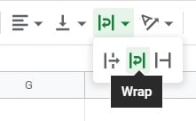 The Google Sheets "Wrap" option being selected in the toolbar
