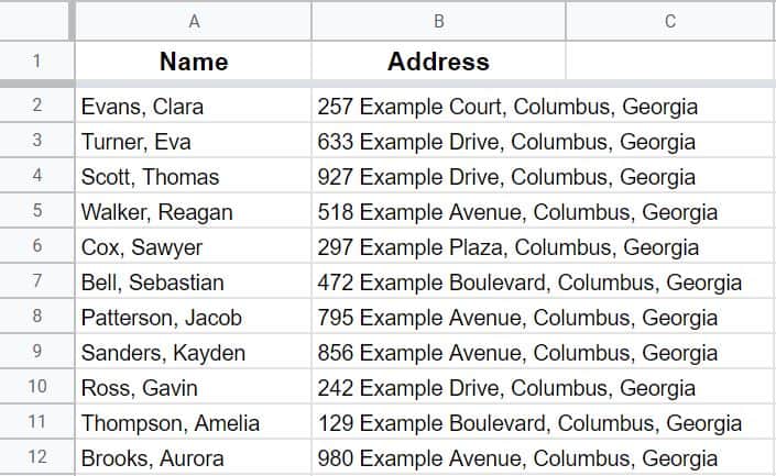 An example of how to unwrap text in Google Sheets- A list of addresses after overflow is applied to the text