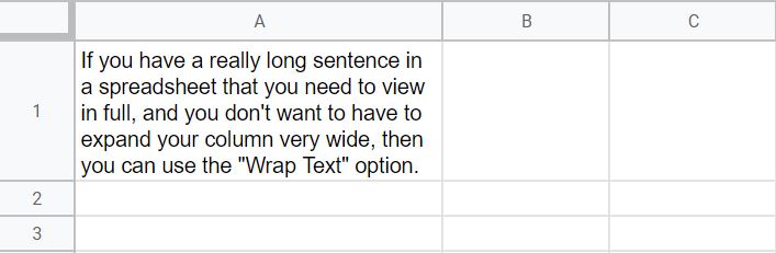An example of how to make text wrap in cell in Google Sheets- A sentence after wrapping text