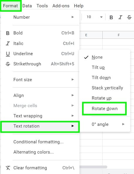 The Google Sheets rotate text options in the format menu