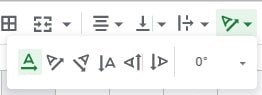 The Google Sheets rotate text options being selected the toolbar