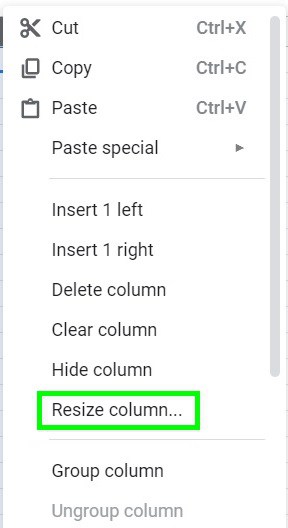 The menu option in Google Sheets for "Resize column..."