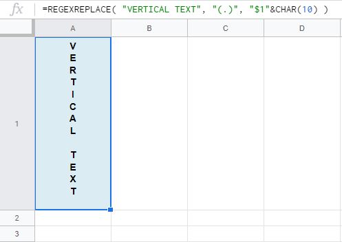 Google Sheets vertical text rotation formula option 1- With the text entered directly into the formula