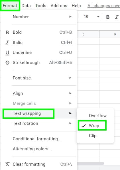 The Google Sheets wrap text options in the format menu