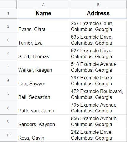 Example of wrapped text in Google Sheets- A list of addresses that are wrapped, before applying text overflow