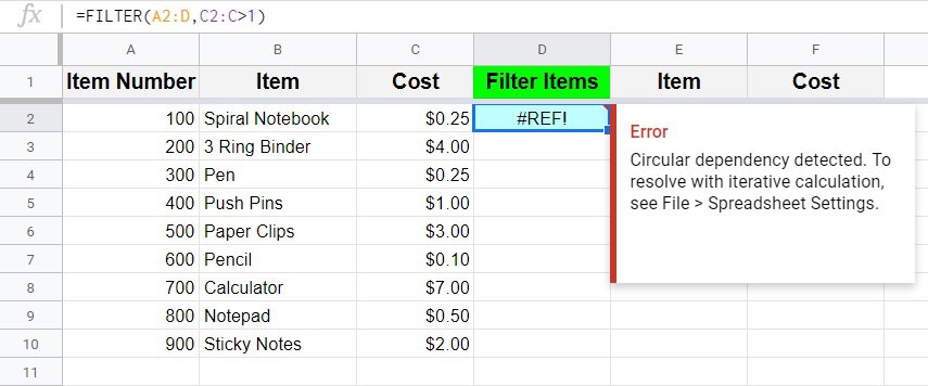 An example of the circular dependency detected error in Google Sheets part 1- School supplies that are incorrectly filtered by price