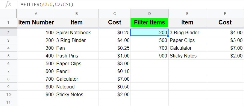 An example of the circular dependency detected error in Google Sheets part 2- School supplies that were correctly filtered by price