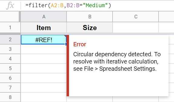 Circular dependency detected in a Google spreadsheet example part 1- Error caused by a forgotten tab name when filtering from another tab